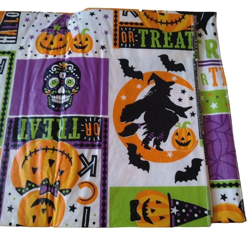 Halloween Tablecloth 54X68 Rectangle Pumpkins Skulls Black Vinyl Flannel Back